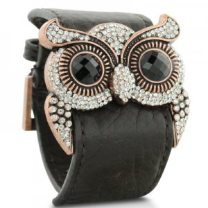 Owl Jewelry | Leather and Crystal Owl Cuff Bracelet