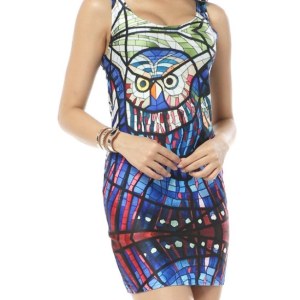 Chendvol Women's Funky Spandex Neon Body-con Sleeveless Owl Dress