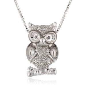 XPY Sterling Silver Diamond Owl Pendant Necklace