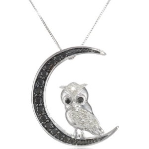 10k White Gold Black and White Diamond Owl Pendant Necklace