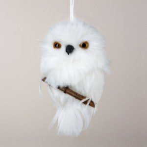 White Snowy Owl Ornament Perched on Branch Christmas Ornament