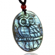 AA Grade Natural Blue Green Flashy Labradorite Owl Statue Amulet Pendant Necklaces 20″