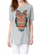 Allegra K Women Short Sleeve Cartoon Owl Prints Side Split Loose Fit Shirt, Light Grey, Medium/US 10