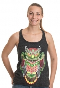 Ann Arbor T-shirt Co. Neon Glow Line Art Owl Motif | Sexy Music Festival Beach Party Ladies’ Tank Top-(Racerback,L)