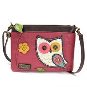 Chala Mini Crossbody Handbag, Multi Zipper, Pu Leather, Small Shoulder Purse Adjustable Strap – Owl – Dark Pink