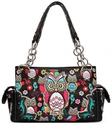 Colorful Owl Flower Rhinestone Concealed Purse Country Western Spring Style Handbag Women Shoulder Bags (Black)