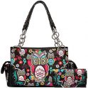 Colorful Owl Western Summer Fashion Purse Concealed Carry Handbags Women Country Shoulder Bag Wallet Set (Black Set)