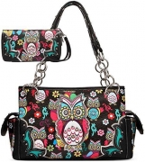 Cowgirl Trendy Colorful Owl Art Carry Concealed Handbag and Wallet-Black