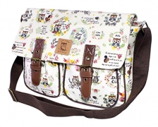 Cute Design Multipurpose Large Pocket Satchel Crossbody Shoulder Bag with Long Strap, Owl Family, White