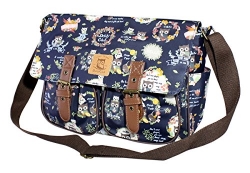 Cute Design Multipurpose Large Pocket Satchel Crossbody Shoulder Bag with Long Strap, Owl Family, Navy Blue