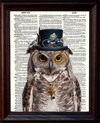 Steampunk Design Owl in Top Hat, Goggles, and Skeleton key Vintage