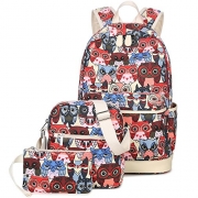 Girls Cute Owl School Backpack and Lunch Bag Set Canvas14inch Laptop Bookbags School Bag (Red and Blue)