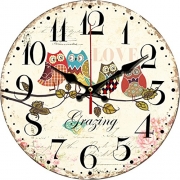 Grazing 12″ Cute Cartoon Vintage Owl Design Arabic Numerals Rustic Country Tuscan Style Wooden Decorative Round Wall Clock (Owl 02)