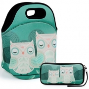 Lunch Bag Extra Large Insulated Lunch Box 13.5″ x 13.5″ x 7.5″ Zipper Tote Bags With Wallte Pouch 6.5″L x 3.5H” (Owl)