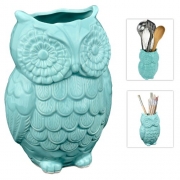 Ceramic Cooking Owl Utensil Holder Multipurpose Crock Aqua Blue