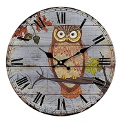 Owl Wall Clock Made of Wood Battery Operated Home Decoration French Country Silent Clock Painted Retro Style for Children’s Room (12inch)