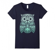 Womens Teal Gradient Paisley Henna Owl Bohemian Graphic T-Shirt Small Navy