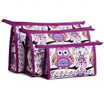 XICHEN 3 in 1 cosmetic bag with Zipper for Vacation, Bathroom, Storage (3 Sizes) (Purple owl)