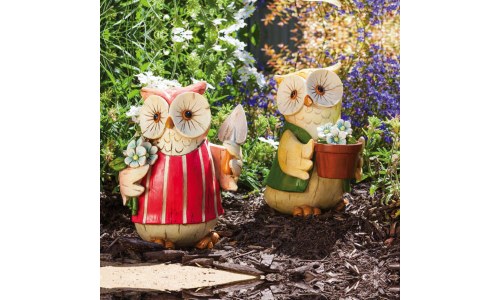 Fun Cheerful Gardener Owl Garden Statues (Set of 2)