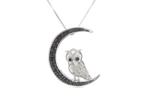 10k White Gold Black and White Diamond Owl Pendant Necklace