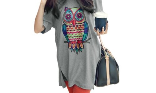 Round Neck Short Sleeve Cartoon Owl Prints Split Side Tops