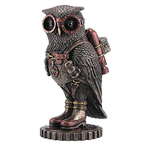 Steampunk Owl with Jetpack Statue Sculpture on Gears