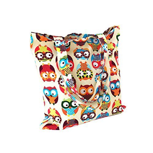 Caixia Women’s Cotton Colorful Owl Print Canvas Tote Shopping Bag