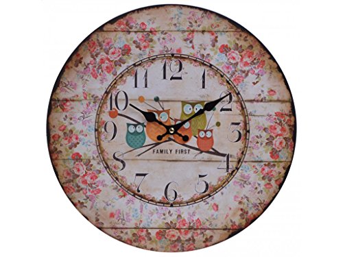 Floral Design 13 inch Round Wall clock, shabby chic, floral with cute owls motif