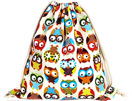 iSuperb Canvas Drawstring Backpack bag Gym Sack bag Stylish Lightweight Cute for Excursion Outdoor (Owl)