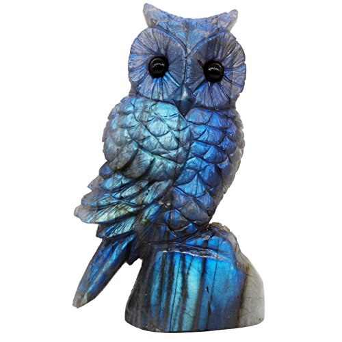 NATURSTON Handcrafted Gemstone’s Owl Statue Natural Labradorite Carving Animal Figurine Healing Gift (Blue, 3.0”-3.4”)