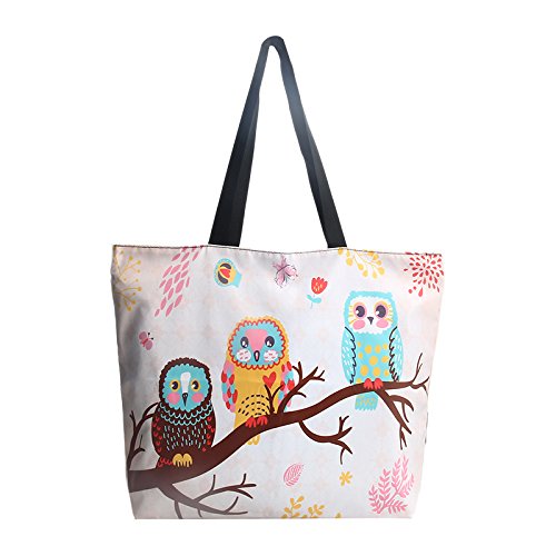 Newplenty Ladies Zippered Light Shoulder Shopping Tote Bag Handbag Beach Satchel (Cute Owls)