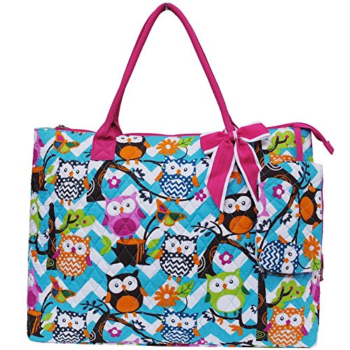 Quilted Cotton Owl Chevron Extra Large Tote Bag (Aqua/Hot Pink)