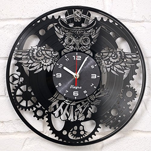 STEAMPUNK clock vinyl record OWL Mechanic gears Vinyl Wall Clock Retro Gothic Vintage Decor Recycled Gift Geometric Wall Art Handmade Decorative Mechanical Wall Decal Steampunk Furniture clock black