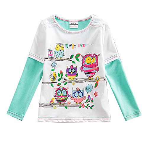 VIKITA 2017 Kid Girl Cotton Owls Long Sleeve T Shirt Clothes (G60501WHITE, 6T) 5-6 Years