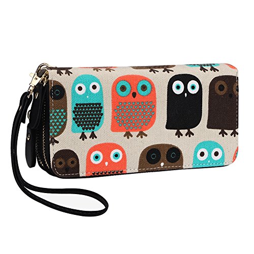 Women Zipper Wallet Owl Wallet Purse Canvas Phone Card Holder with Coin Pocket and Strap (Large, Owl)