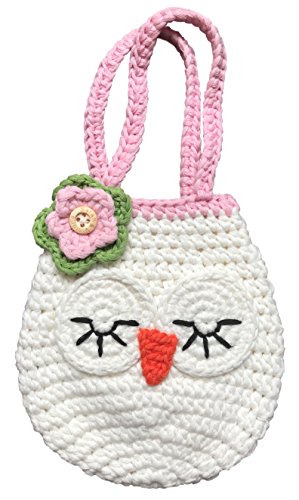 Sarah & Victoria Sweetheart Owl Mini Purse for Little Girls, Cute Ivory & Pink Handbag, Pretty Heart On Back, Soft Handmade Crochet, Dress-Up & Play, She Will Love This Birthday Gift!