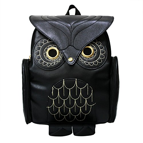 Women Girls Pu Leather Owl Cartoon Backpack Fashion Casual Satchel School Purse for Children/Students Black