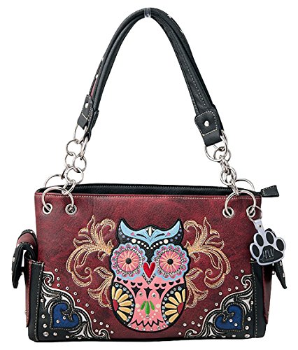 HW Collection Western Colorful Owl Art Hearts Concealed Carry Handbag Purse (Red)