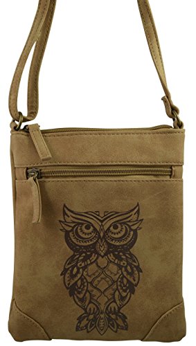 Mini Cross Body Bag for Girls Women with Owl Design Elephant or Arrows Print on Suede Material Faux Leather Shoulder Travel Wallet Handbag Phone Purse Hipster TAN