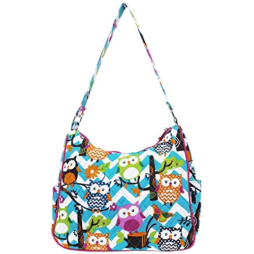 Ngil Quilted Cotton Hobo Shoulder Bag (Chevron Owl Aqua Hot Pink)